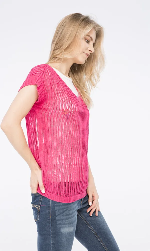 38588 Knitted Short Sleeves Top - Fuchsia