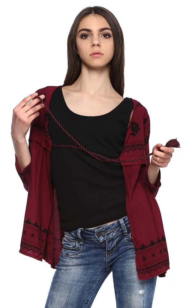 38763 Printed Cardigan - Dark Burgundy