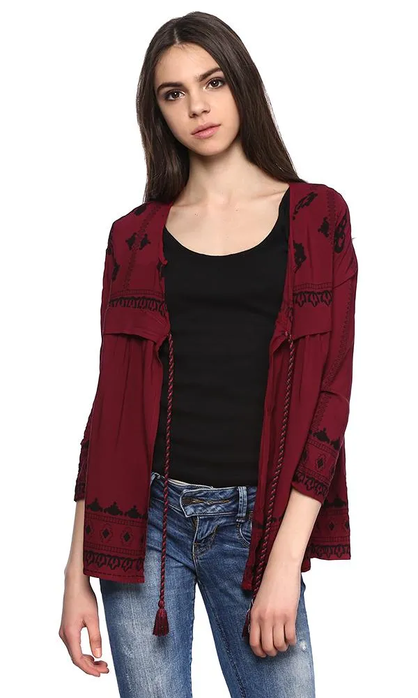 38763 Printed Cardigan - Dark Burgundy