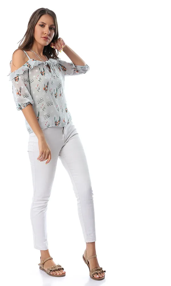 53397 Mindset Mint Green Floral Print Cold Sleeves Top