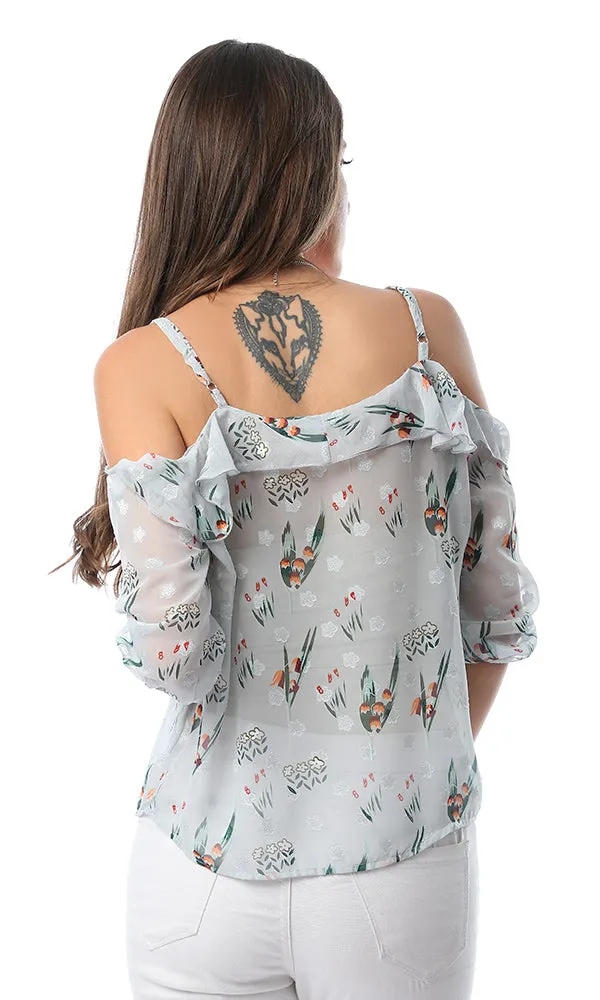 53397 Mindset Mint Green Floral Print Cold Sleeves Top