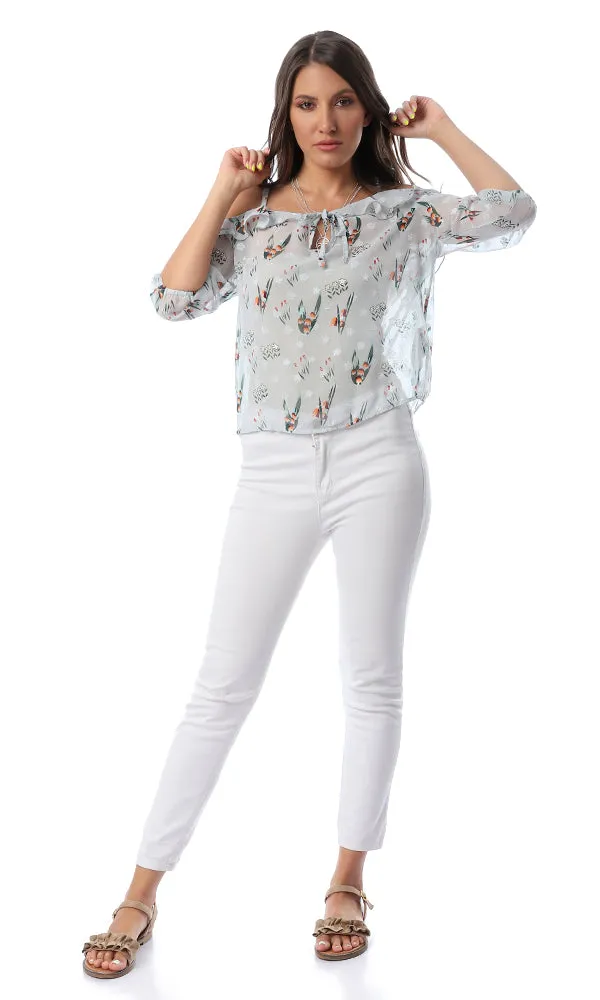 53397 Mindset Mint Green Floral Print Cold Sleeves Top