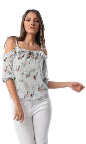 53397 Mindset Mint Green Floral Print Cold Sleeves Top