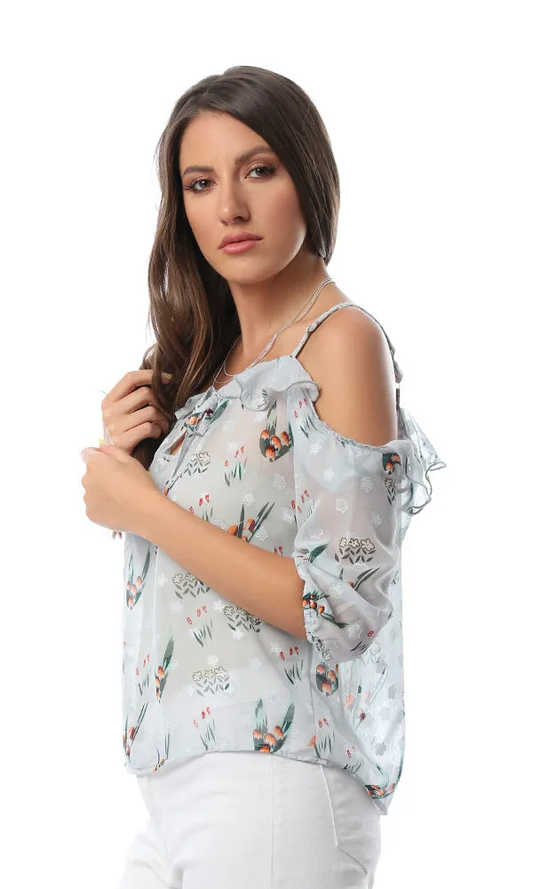 53397 Mindset Mint Green Floral Print Cold Sleeves Top