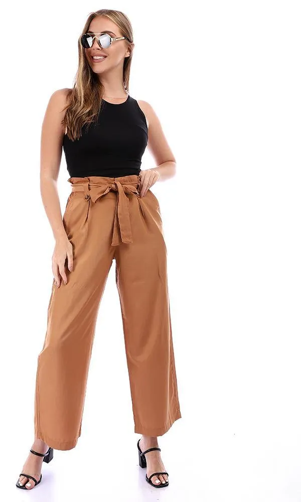 94833 Relaxed Fit Solid Camel Pants with Belt