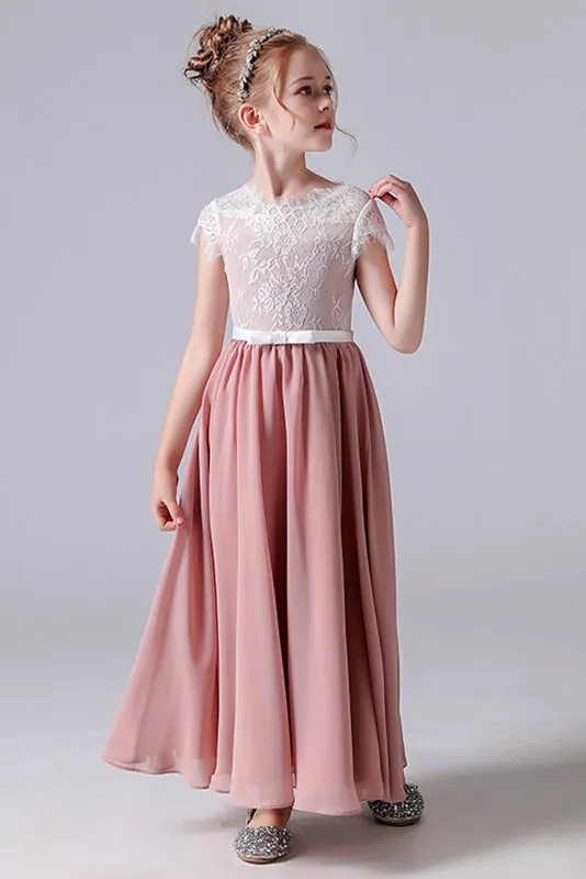 A-Line Cap Sleeves Chiffon Flower Girl Dress With Lace Appliques