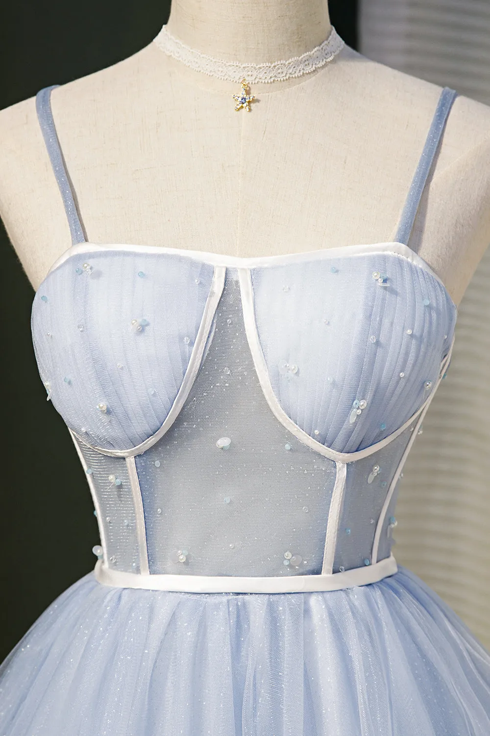 A-Line Sky Blue Fairy Dress with Pearls Spaghetti Straps Homecoming Dress