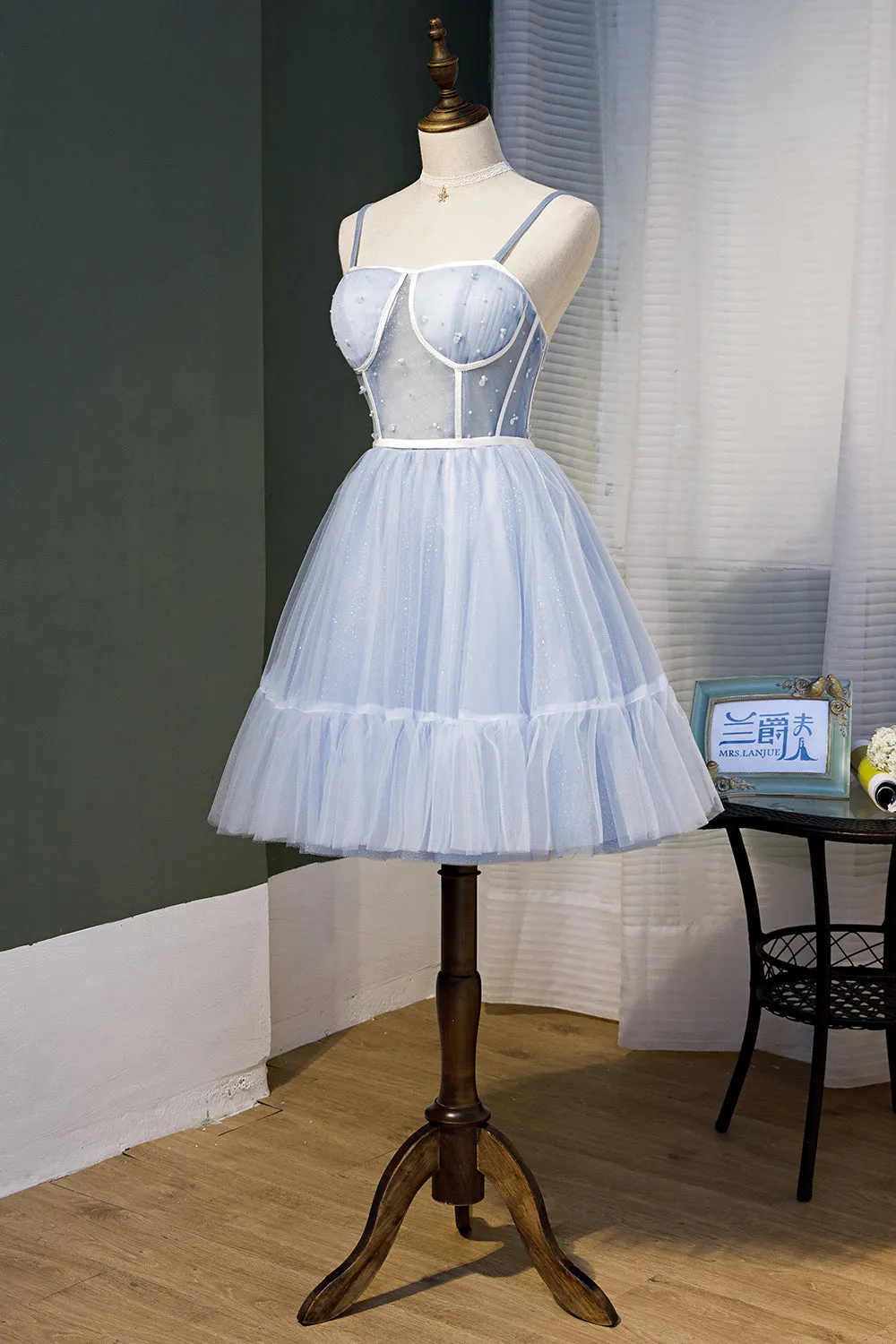 A-Line Sky Blue Fairy Dress with Pearls Spaghetti Straps Homecoming Dress