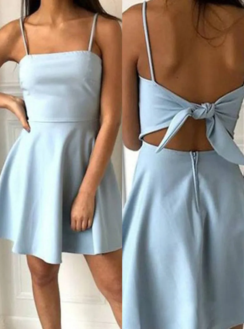 A-Line Spaghetti Straps Short Blue Satin Homecoming Dress PD1119