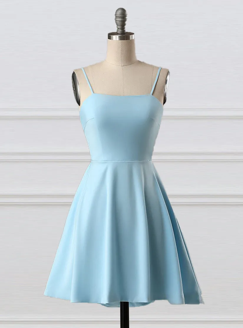 A-Line Spaghetti Straps Short Blue Satin Homecoming Dress PD1119