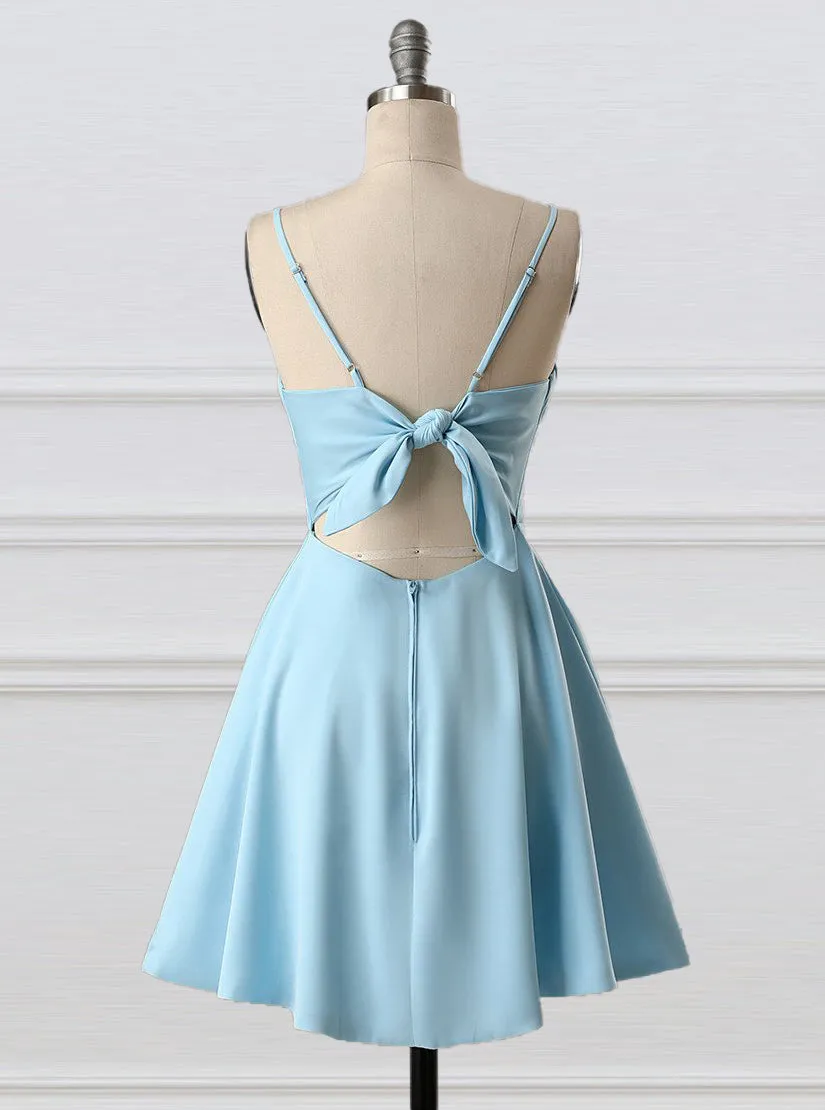 A-Line Spaghetti Straps Short Blue Satin Homecoming Dress PD1119