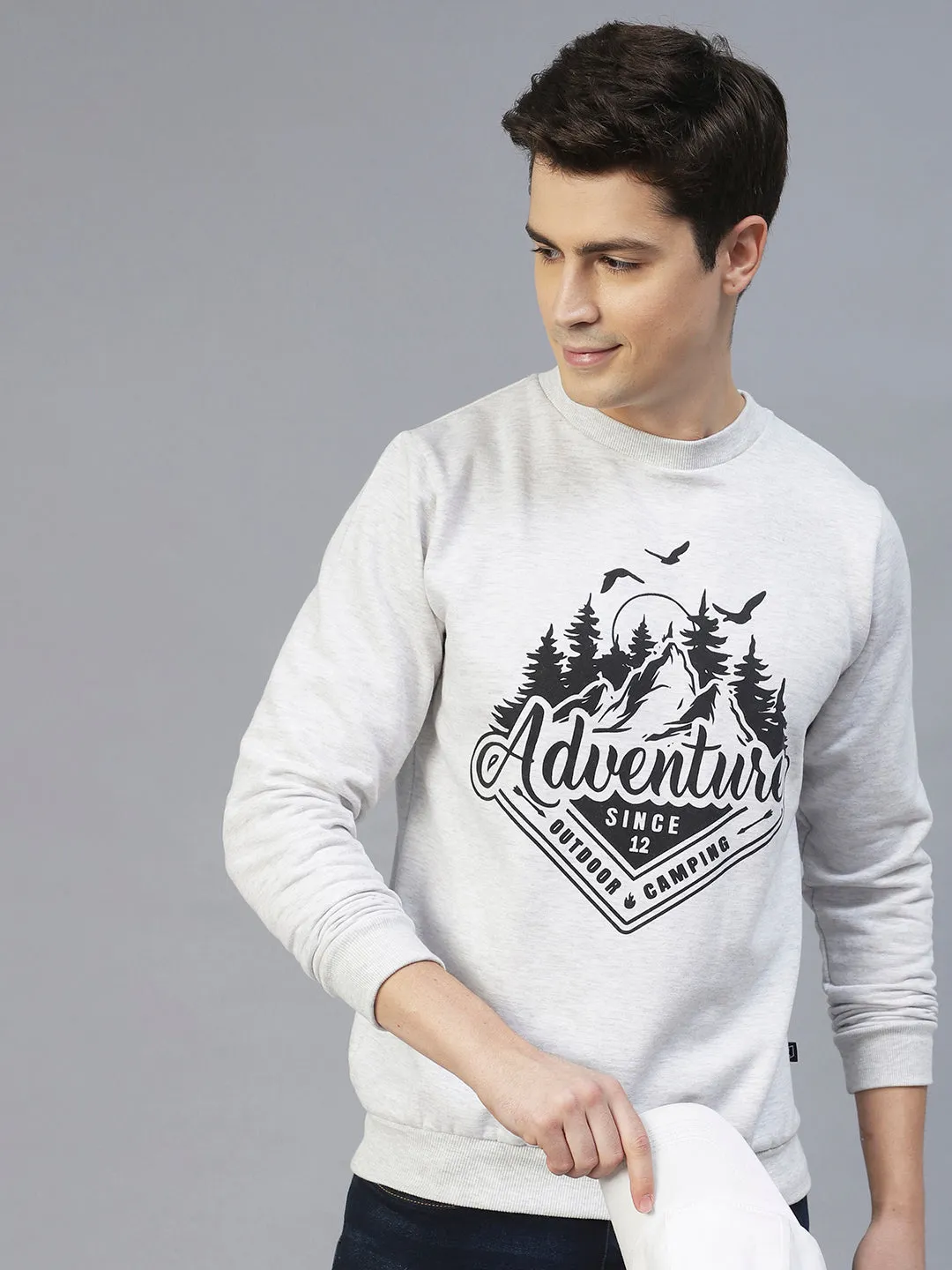 Acro Melange Printed Round Neck Fleece Sweatshirt