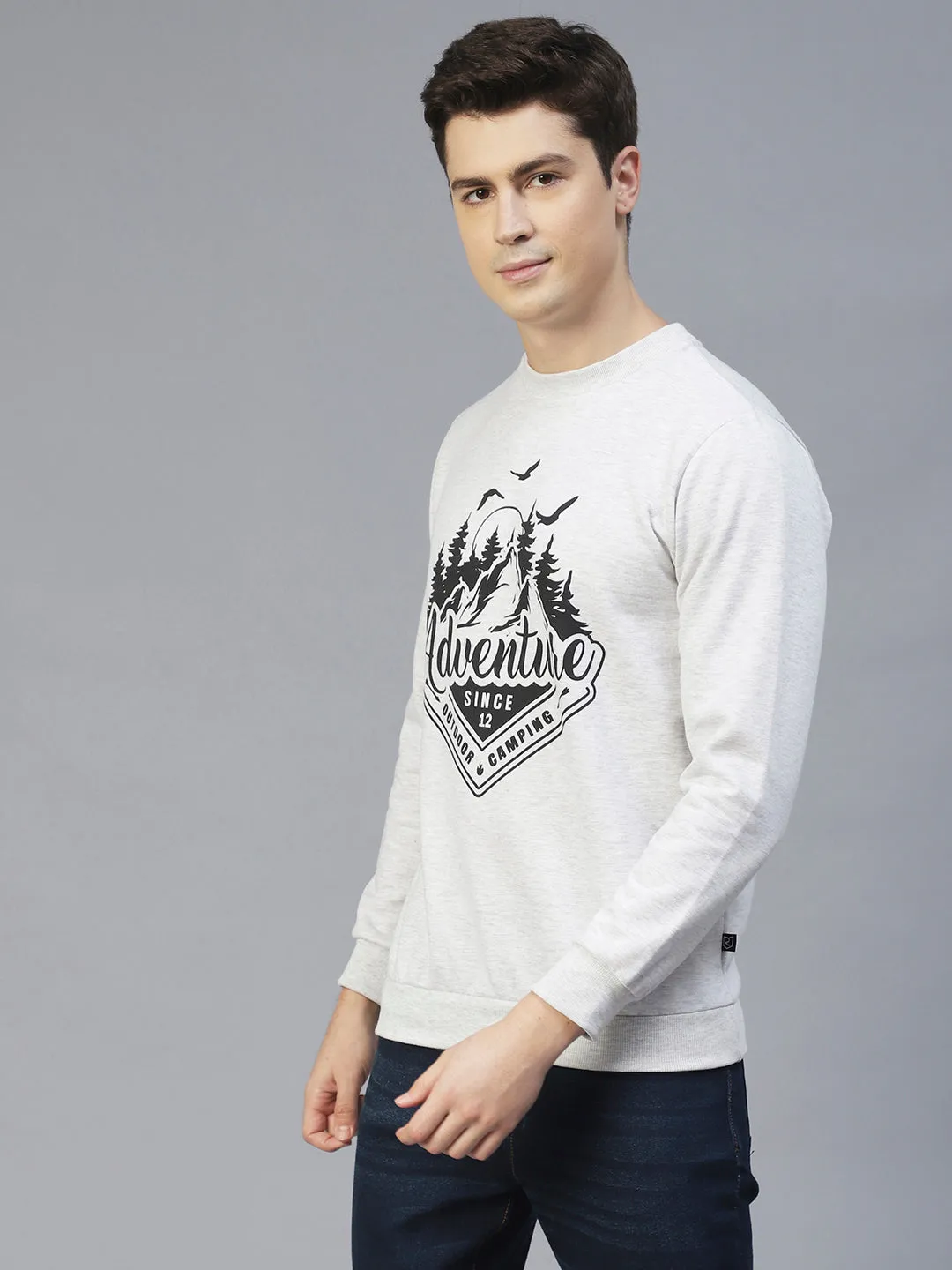 Acro Melange Printed Round Neck Fleece Sweatshirt