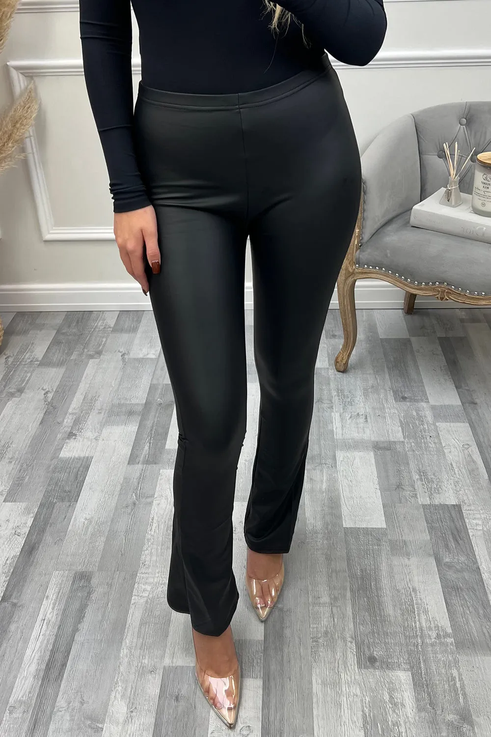 Anya Black PU Faux Leather Flare Leggings