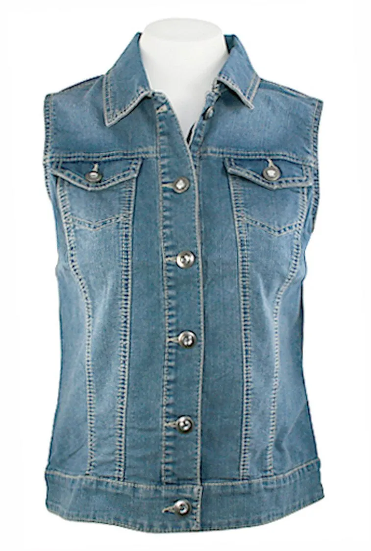 Baccini Medium Wash Denim Vest Dual Pocket Button Front Rhinestone Accent Button