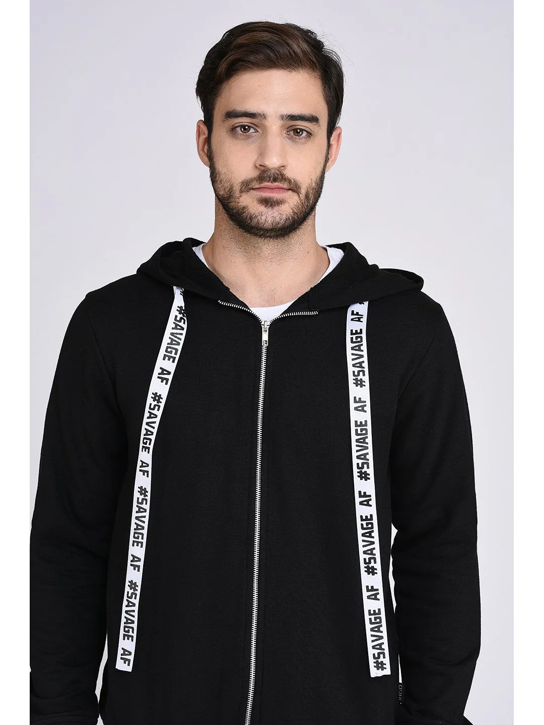 Black Fleece Hooded With Front Zip Open Sweatshirt-Full