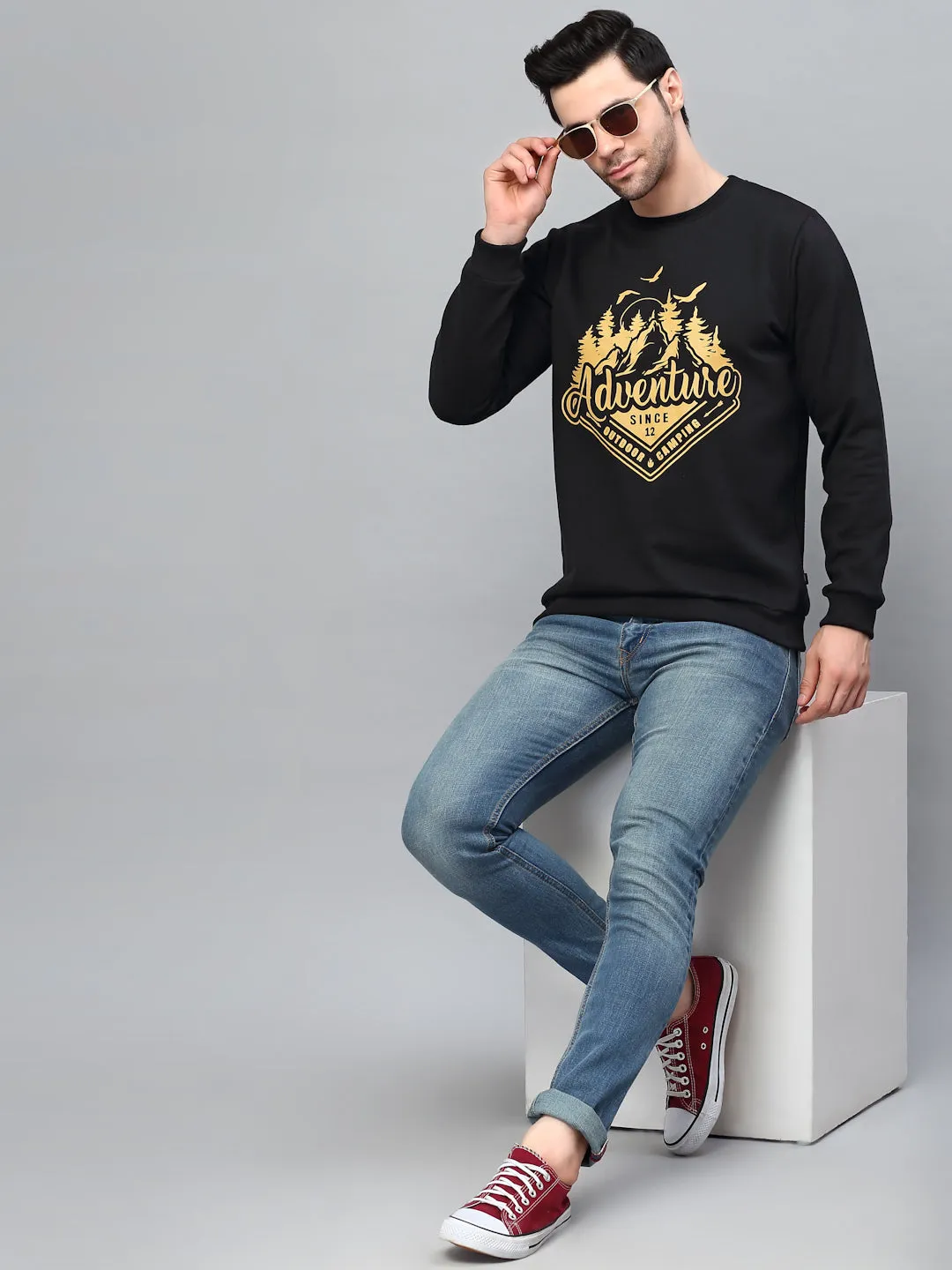 Black Round Neck Printed Fleece Sweatshirt