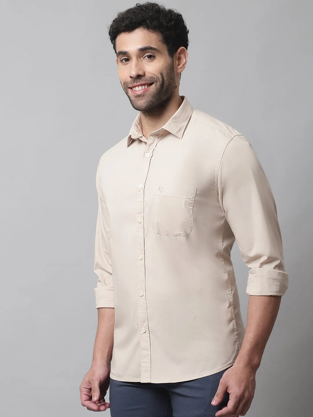 Cantabil Cotton Blend Solid Beige Full Sleeve Casual Shirt for Men with Pocket