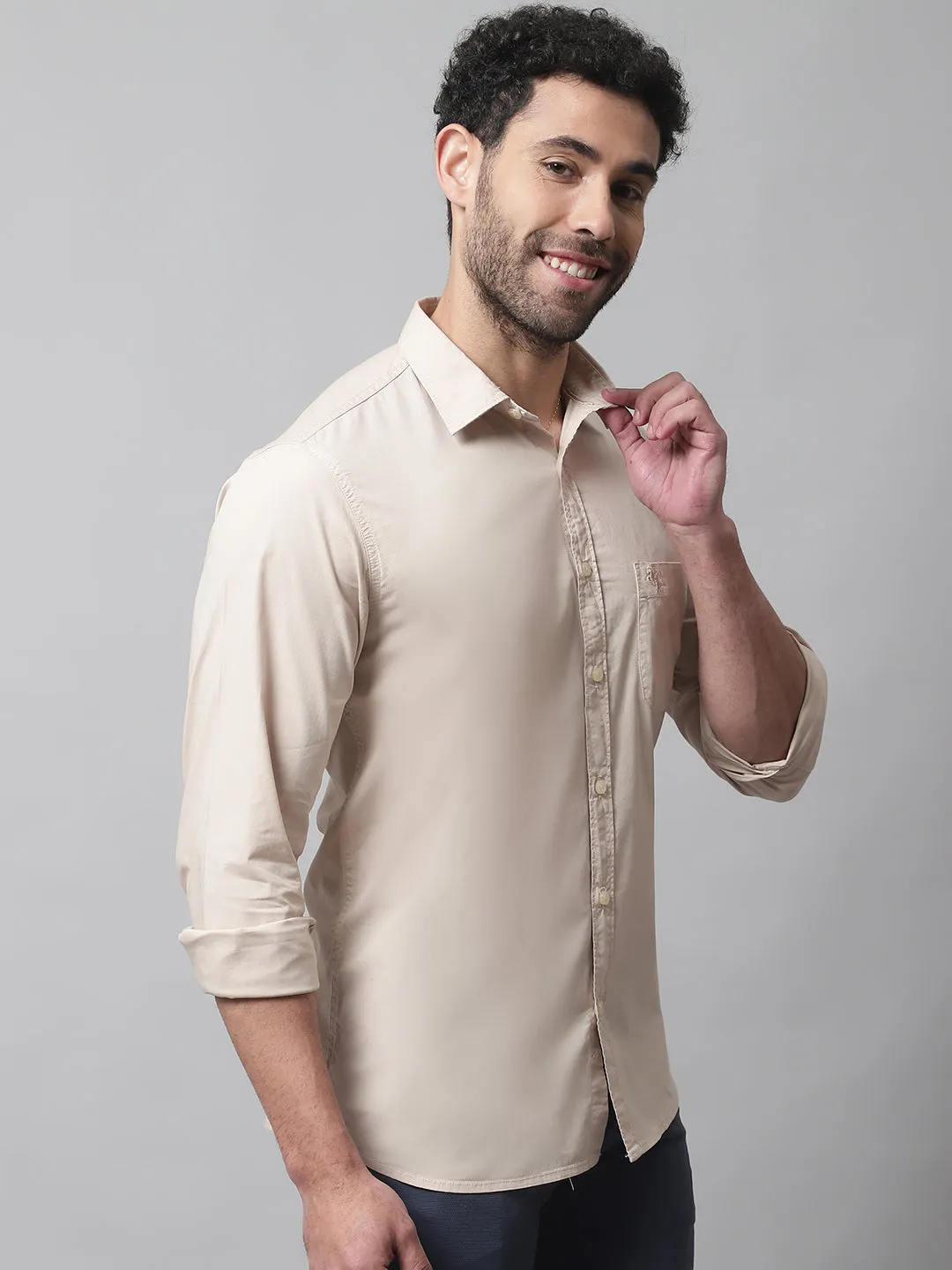 Cantabil Cotton Blend Solid Beige Full Sleeve Casual Shirt for Men with Pocket