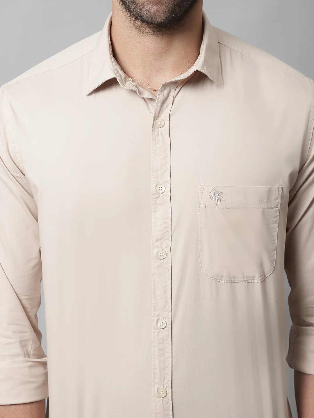 Cantabil Cotton Blend Solid Beige Full Sleeve Casual Shirt for Men with Pocket