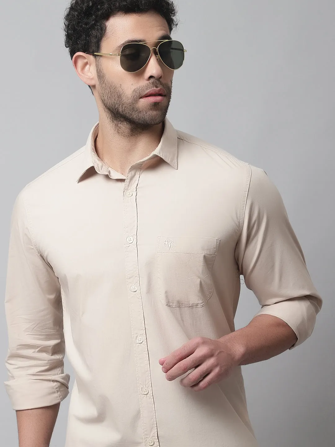 Cantabil Cotton Blend Solid Beige Full Sleeve Casual Shirt for Men with Pocket