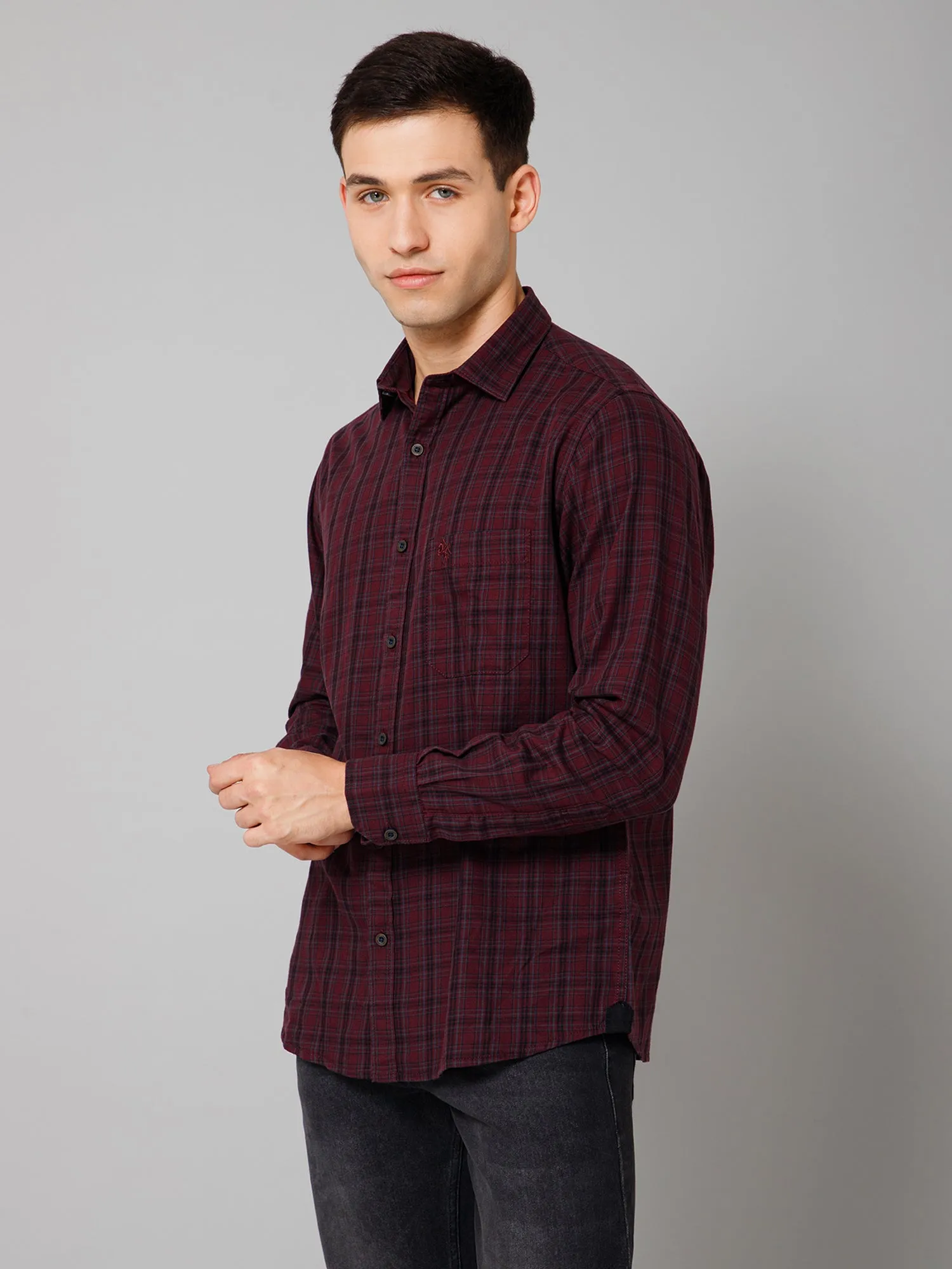 Cantabil Cotton Checkered Full Sleeve Regular Fit Maroon Casual Shirt for Men with Pocket