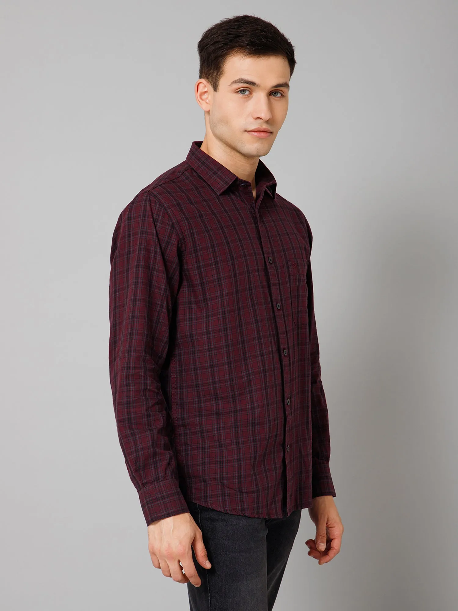 Cantabil Cotton Checkered Full Sleeve Regular Fit Maroon Casual Shirt for Men with Pocket