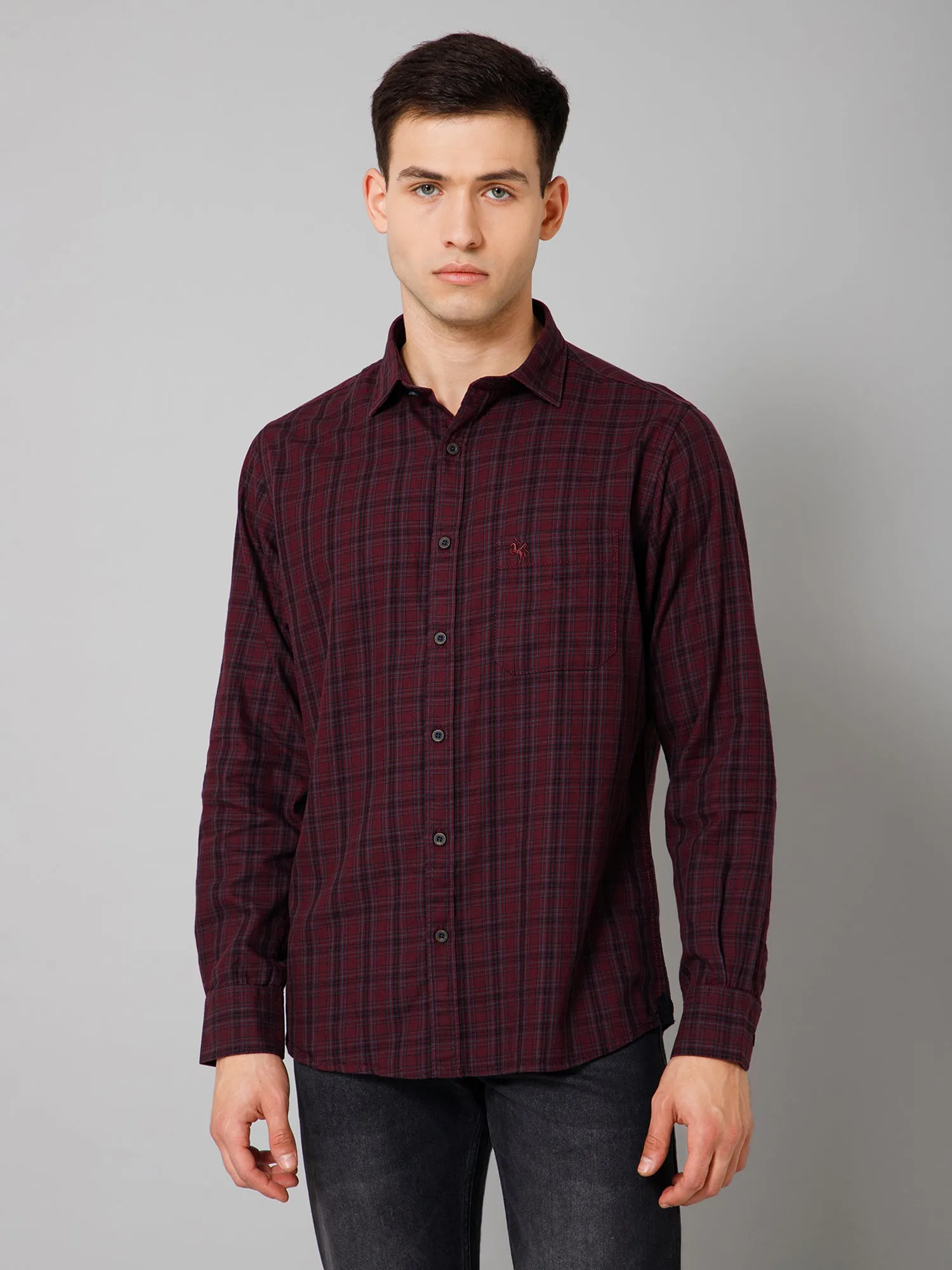 Cantabil Cotton Checkered Full Sleeve Regular Fit Maroon Casual Shirt for Men with Pocket