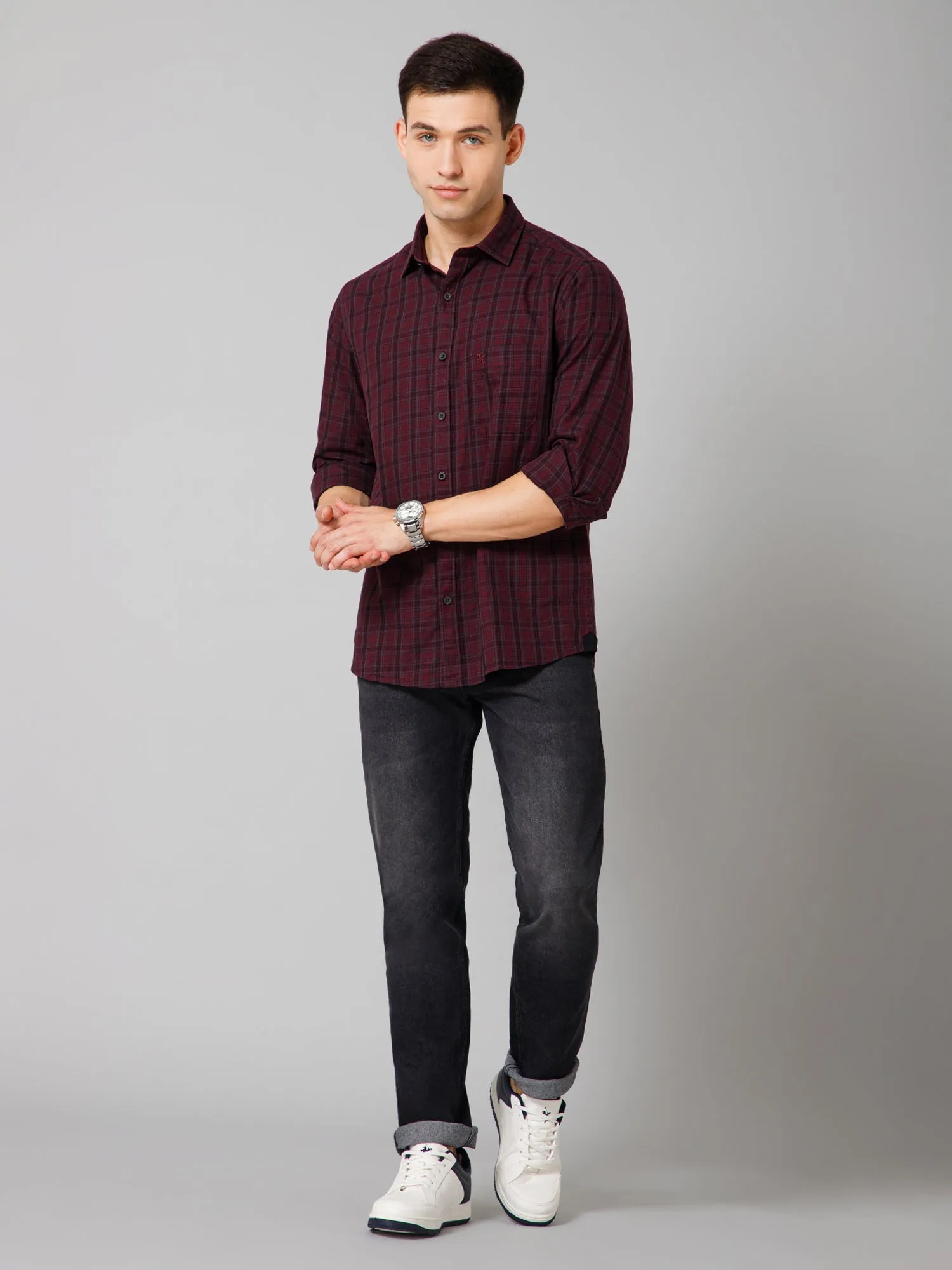 Cantabil Cotton Checkered Full Sleeve Regular Fit Maroon Casual Shirt for Men with Pocket