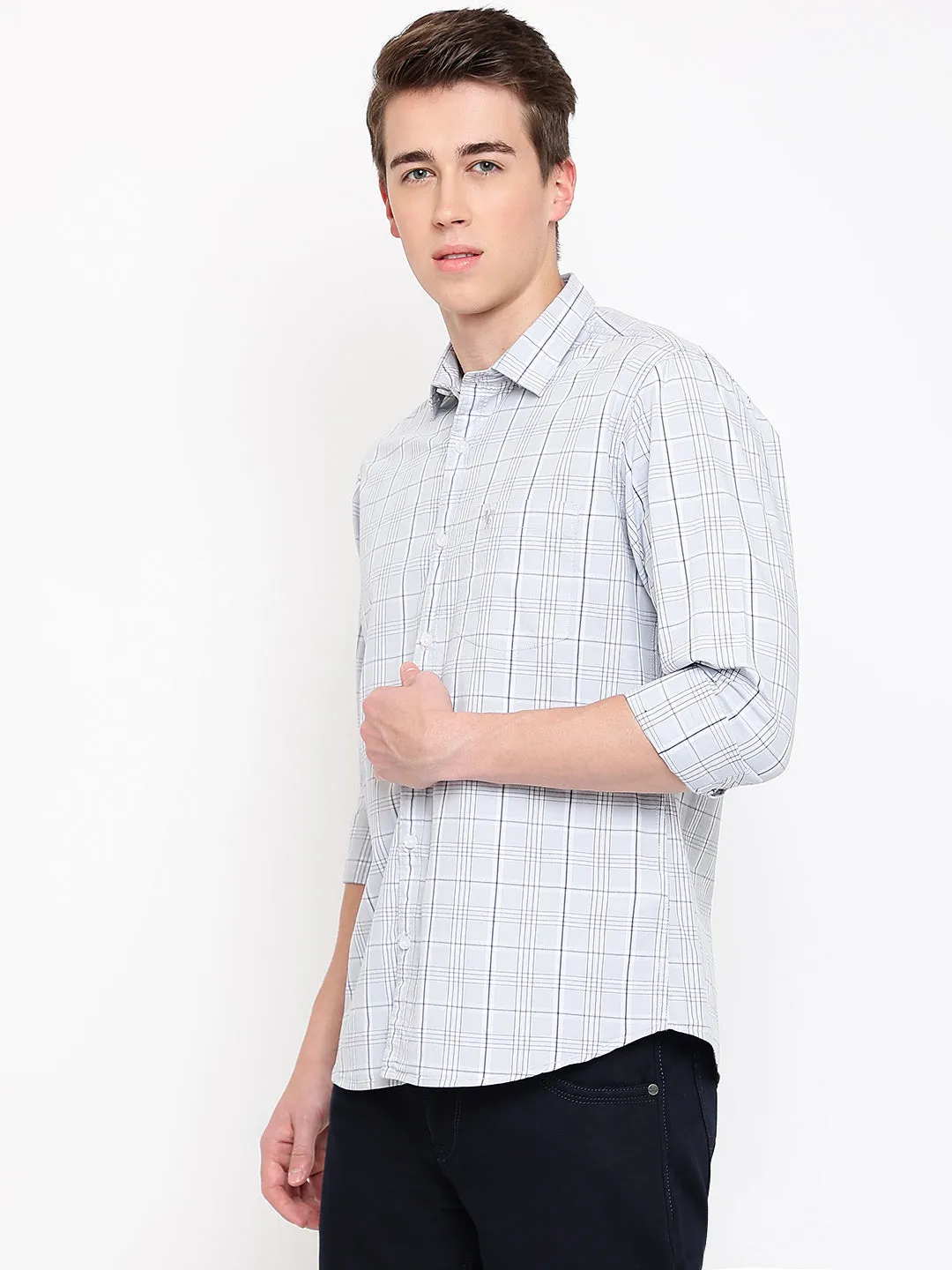 Cantabil Cotton Checkered Grey Full Sleeve Casual Shirt for Men with Pocket