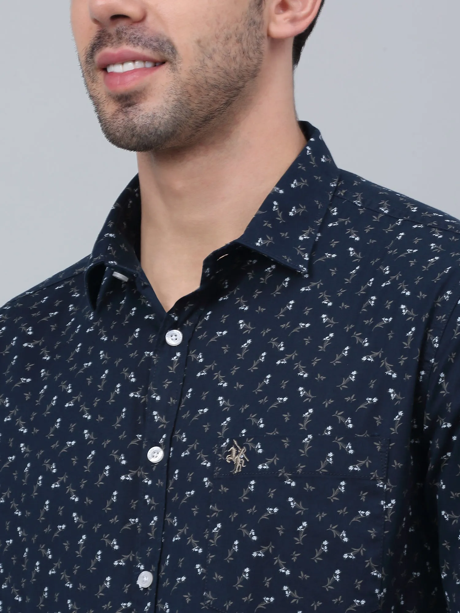 Cantabil Cotton Floral Printed Full Sleeve Regular Fit Navy Blue Casual Shirt for Men with Pocket