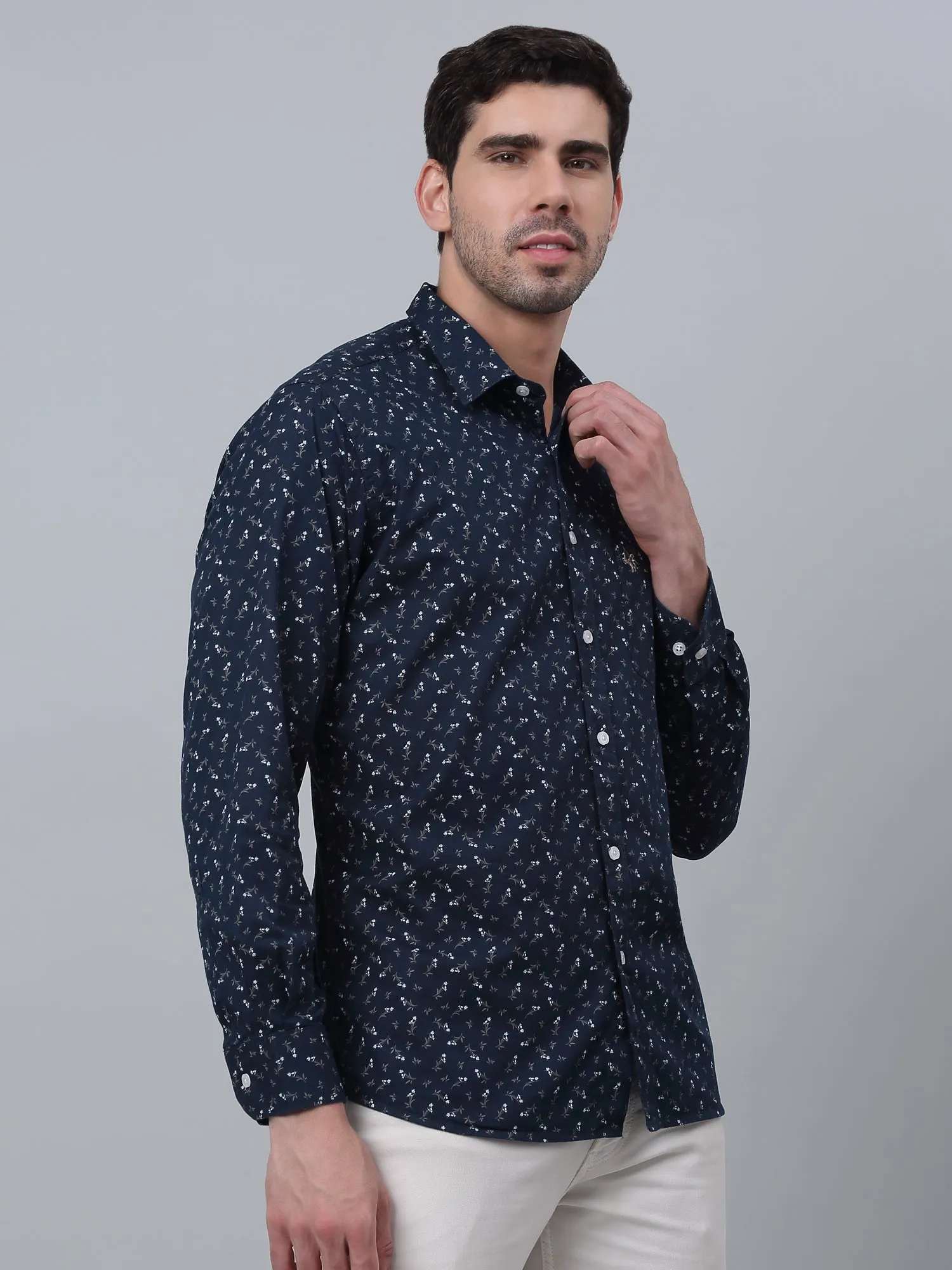 Cantabil Cotton Floral Printed Full Sleeve Regular Fit Navy Blue Casual Shirt for Men with Pocket