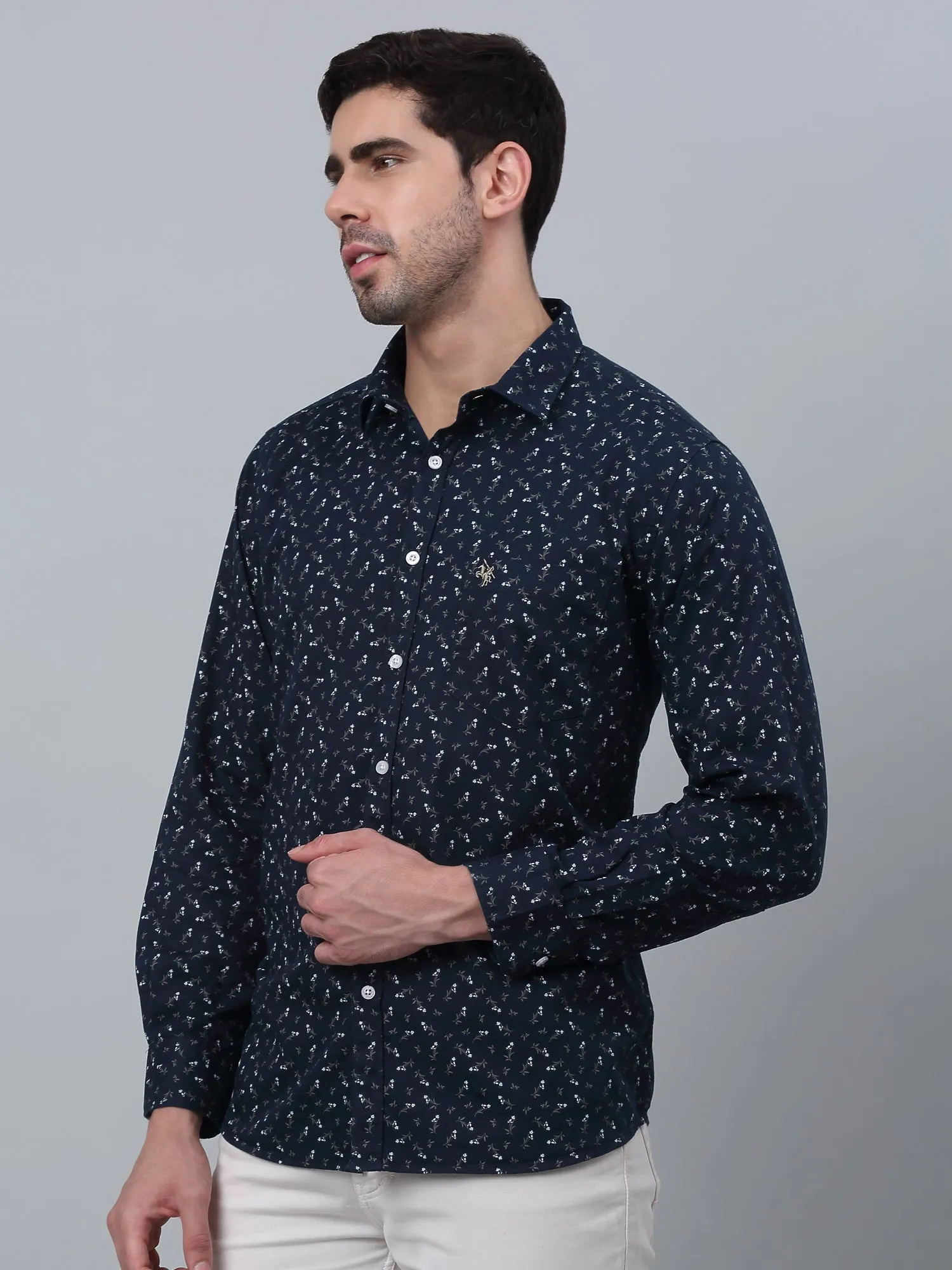 Cantabil Cotton Floral Printed Full Sleeve Regular Fit Navy Blue Casual Shirt for Men with Pocket