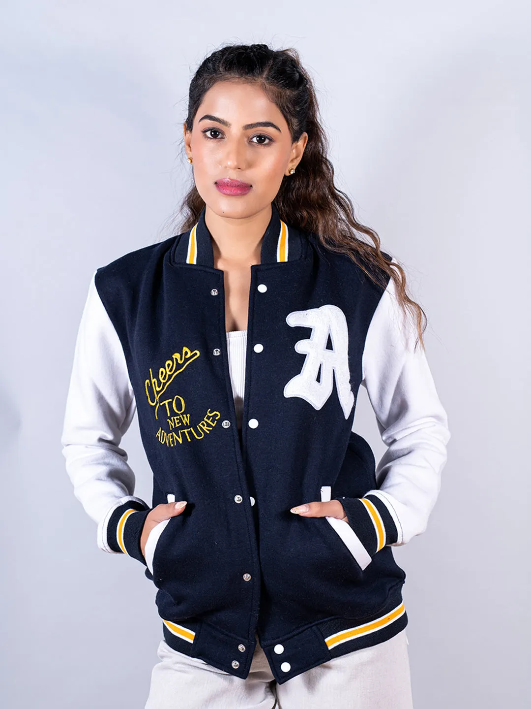 Cheers To New Adventures LA Navy Blue Varsity Jacket