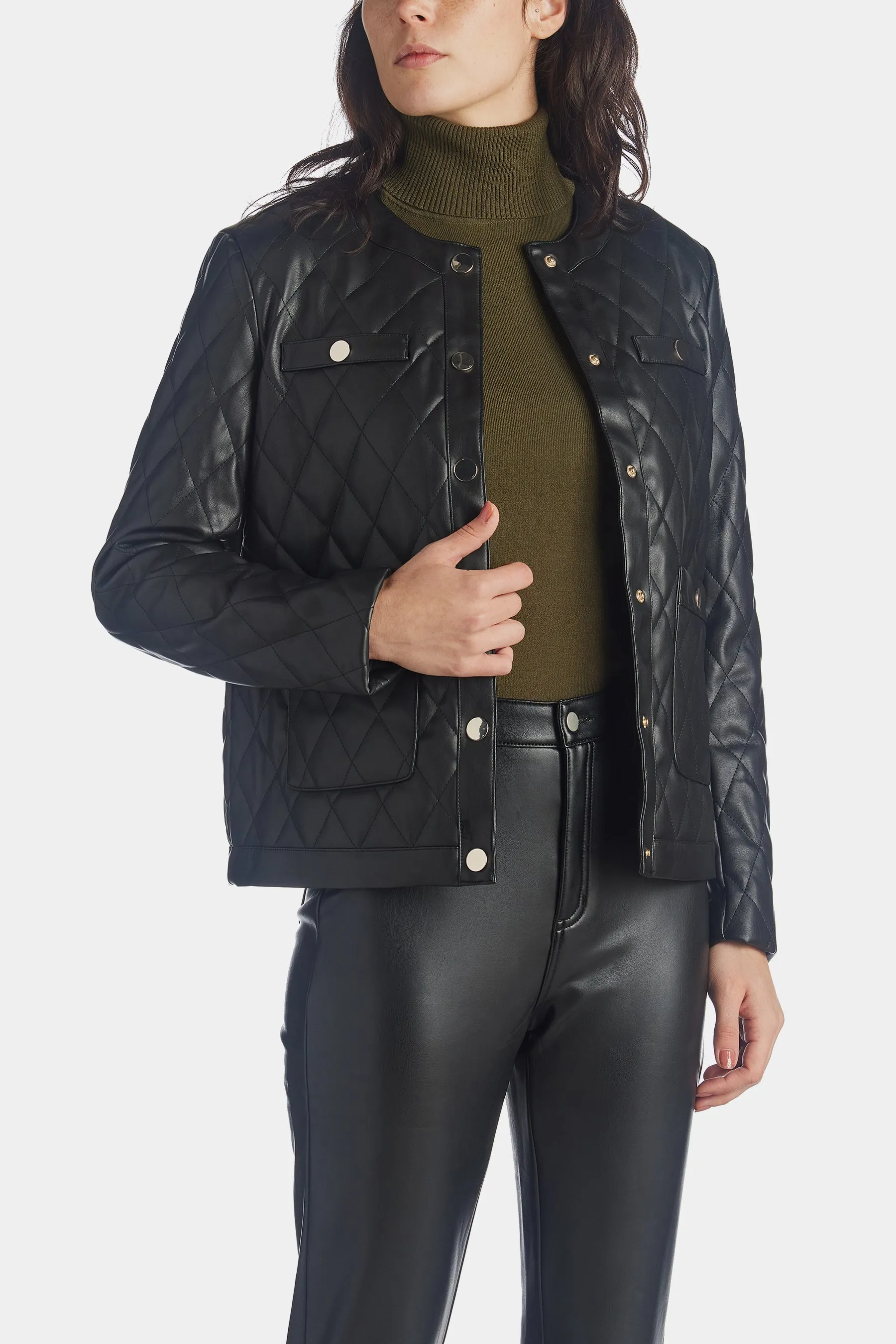 Collarless Vegan Leather Jacket