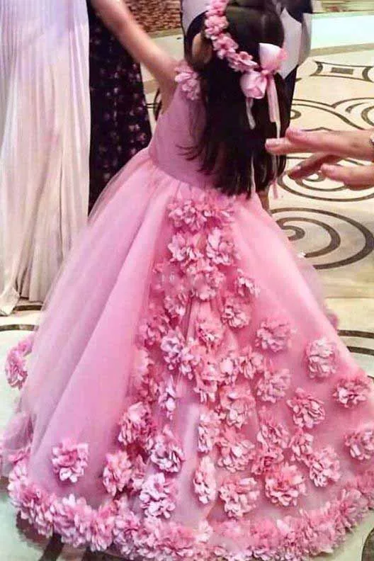 Cute Jewel Neck Ball Gown Hot Pink Flower Girls Dress With 3D Floral Appliques OF128