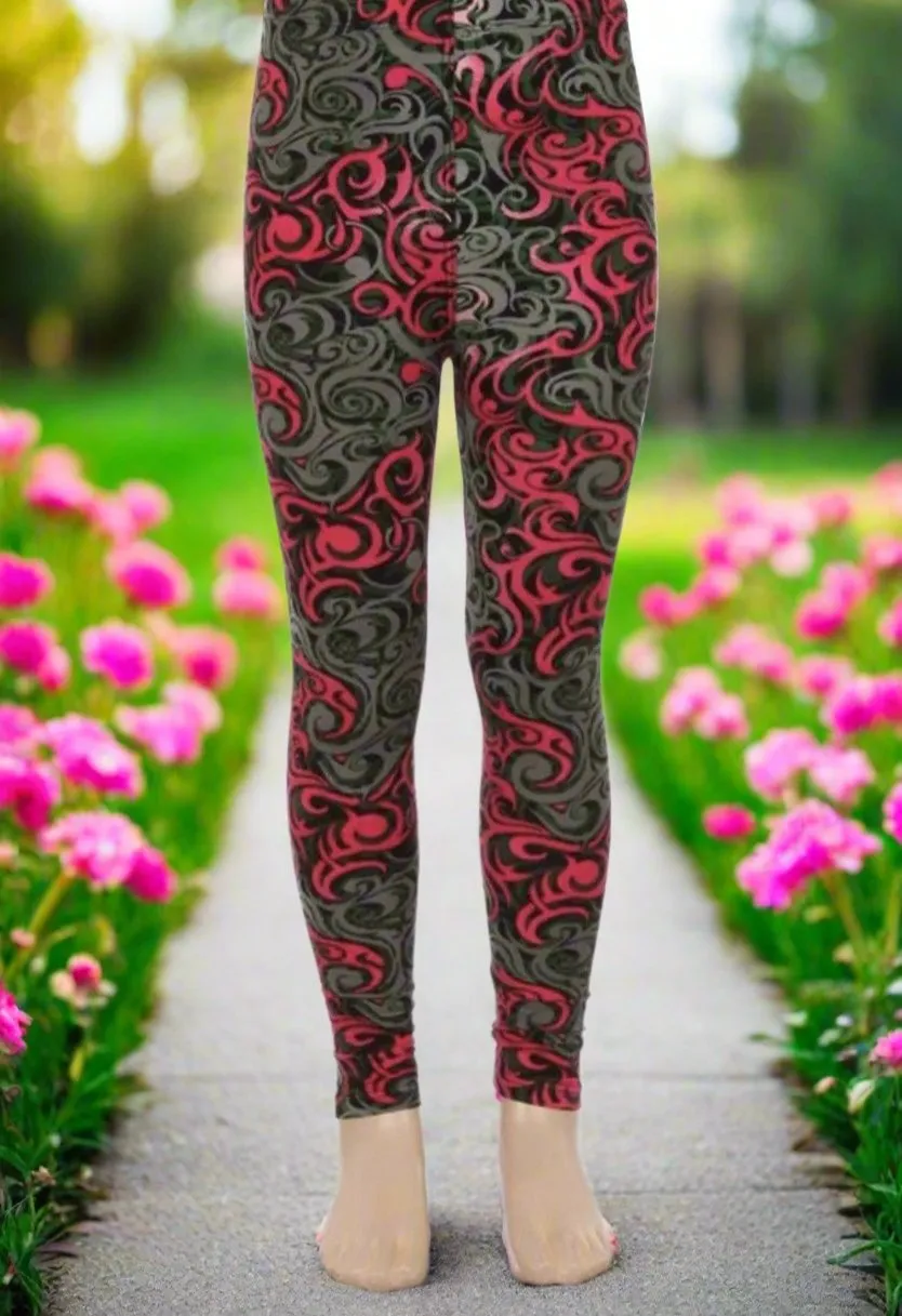 Girls Paisley Leggings, Kids Yoga Pants, Sizes S/L, No-Roll Waist, Pink/Gray