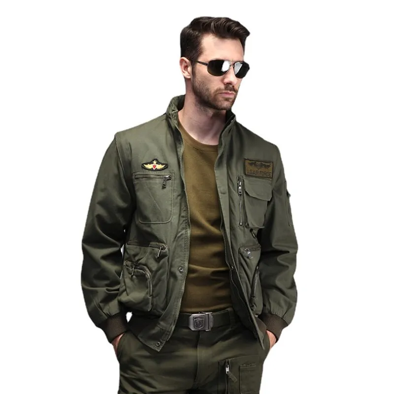 Green Men's Removable Sleeves Stand Collar Workwear Jacket