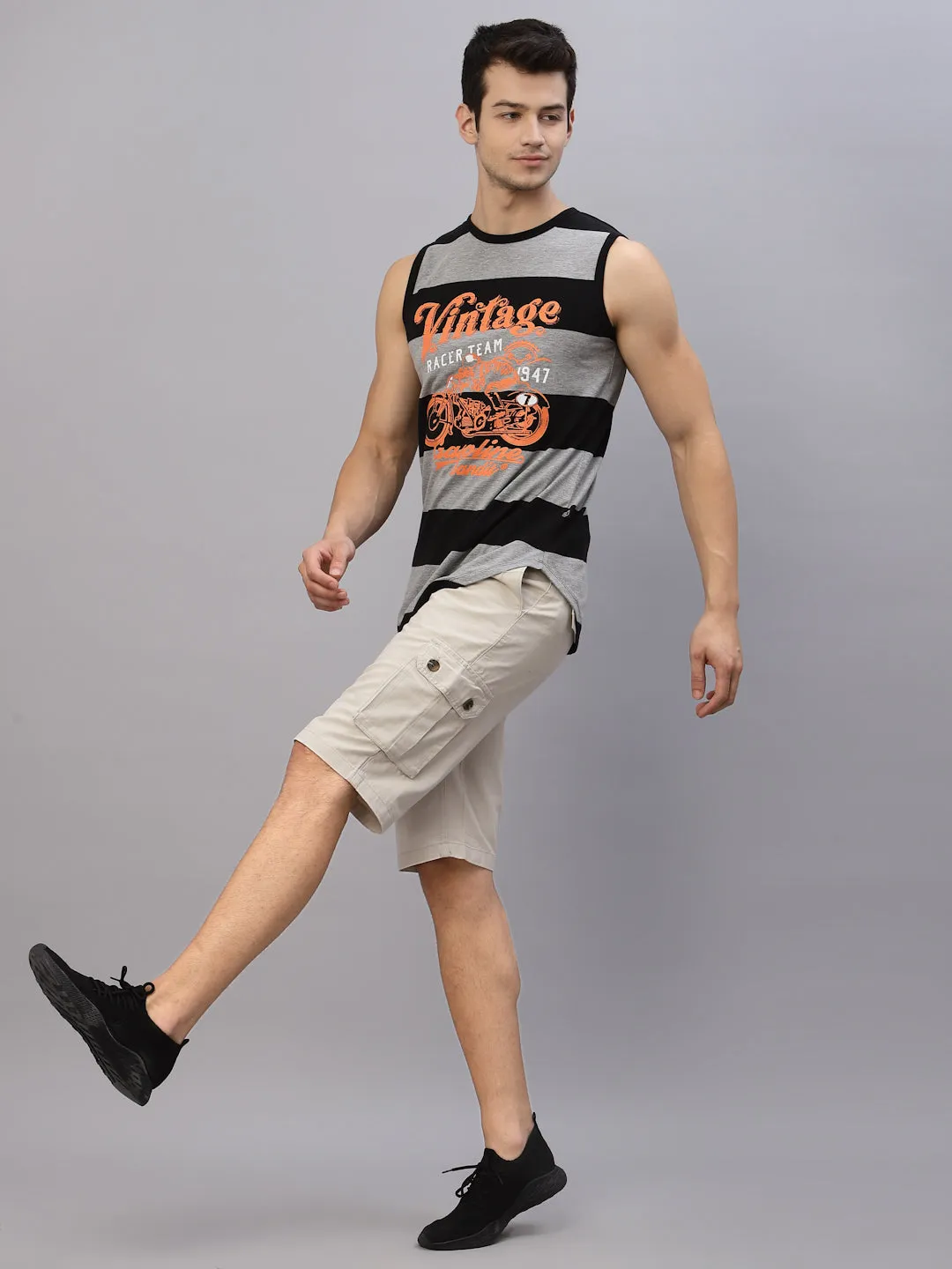 Grey Black Stripe Printed Round Neck Sleeveless T-Shirt Vest