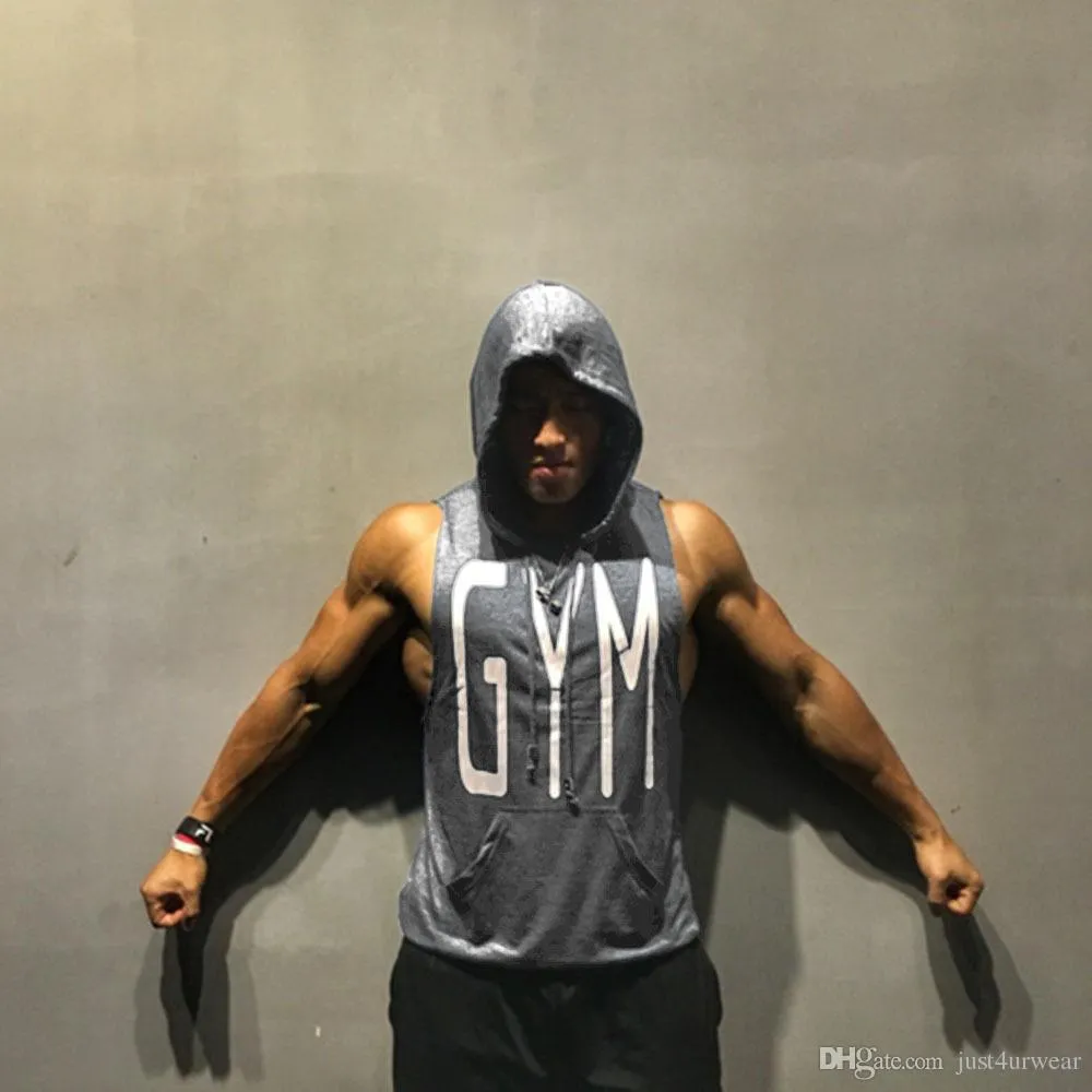 GYM Letters Print Tank Tops Men Athletic Fitness Casual Vest Sleeveless Hooded Loose tEE Summer Clothing Tops