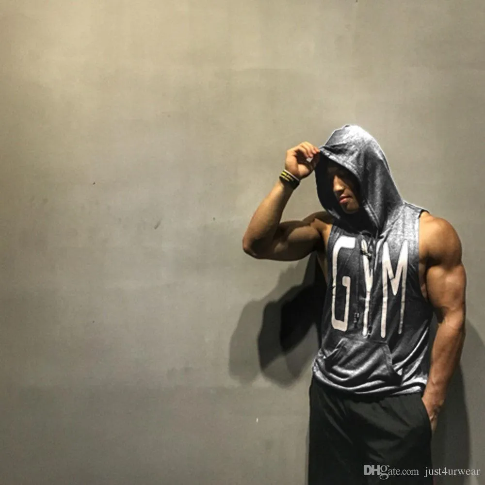 GYM Letters Print Tank Tops Men Athletic Fitness Casual Vest Sleeveless Hooded Loose tEE Summer Clothing Tops