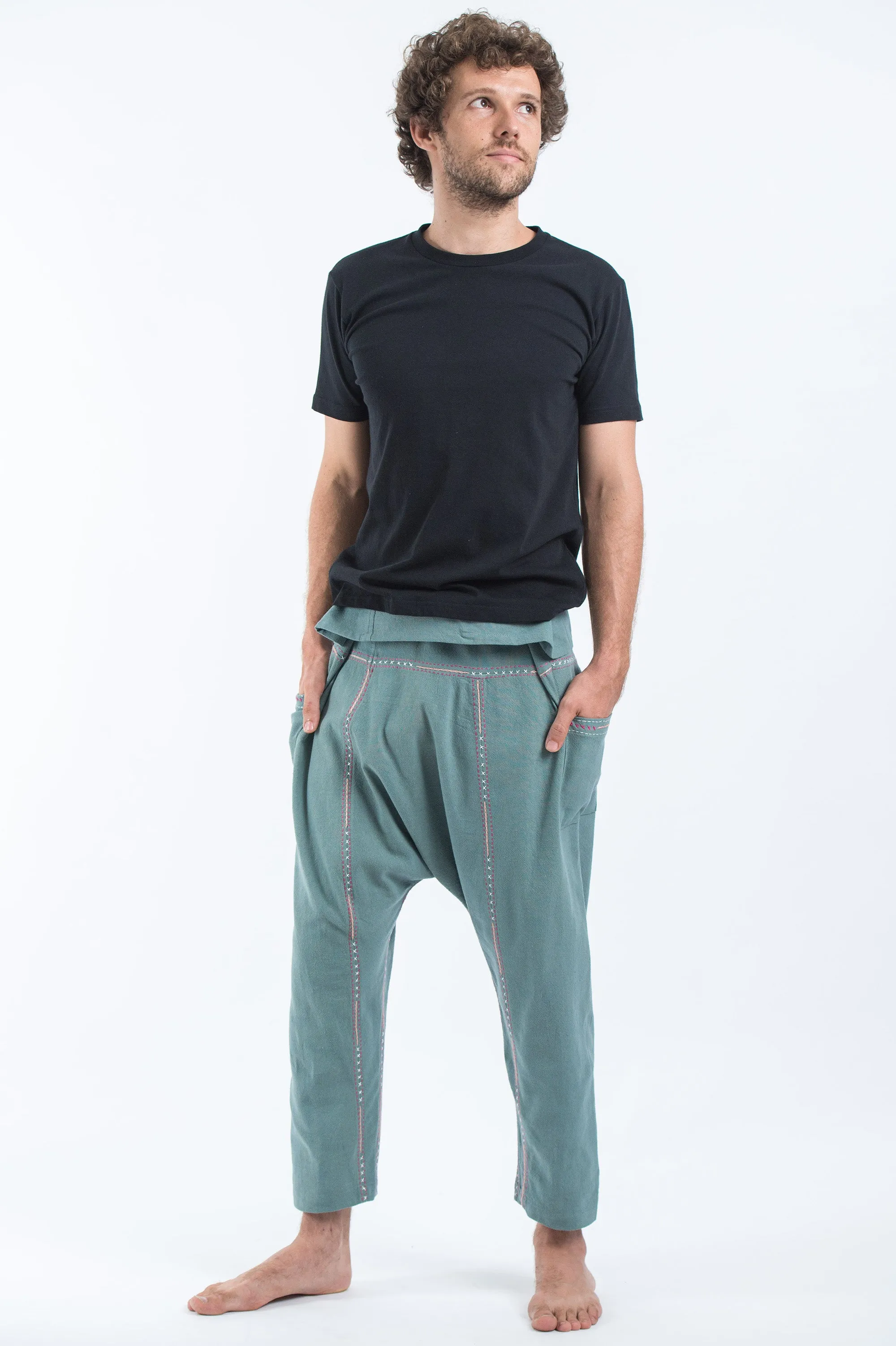 Hand Embroidered Men's Slim Cut Fisherman Pants in Teal