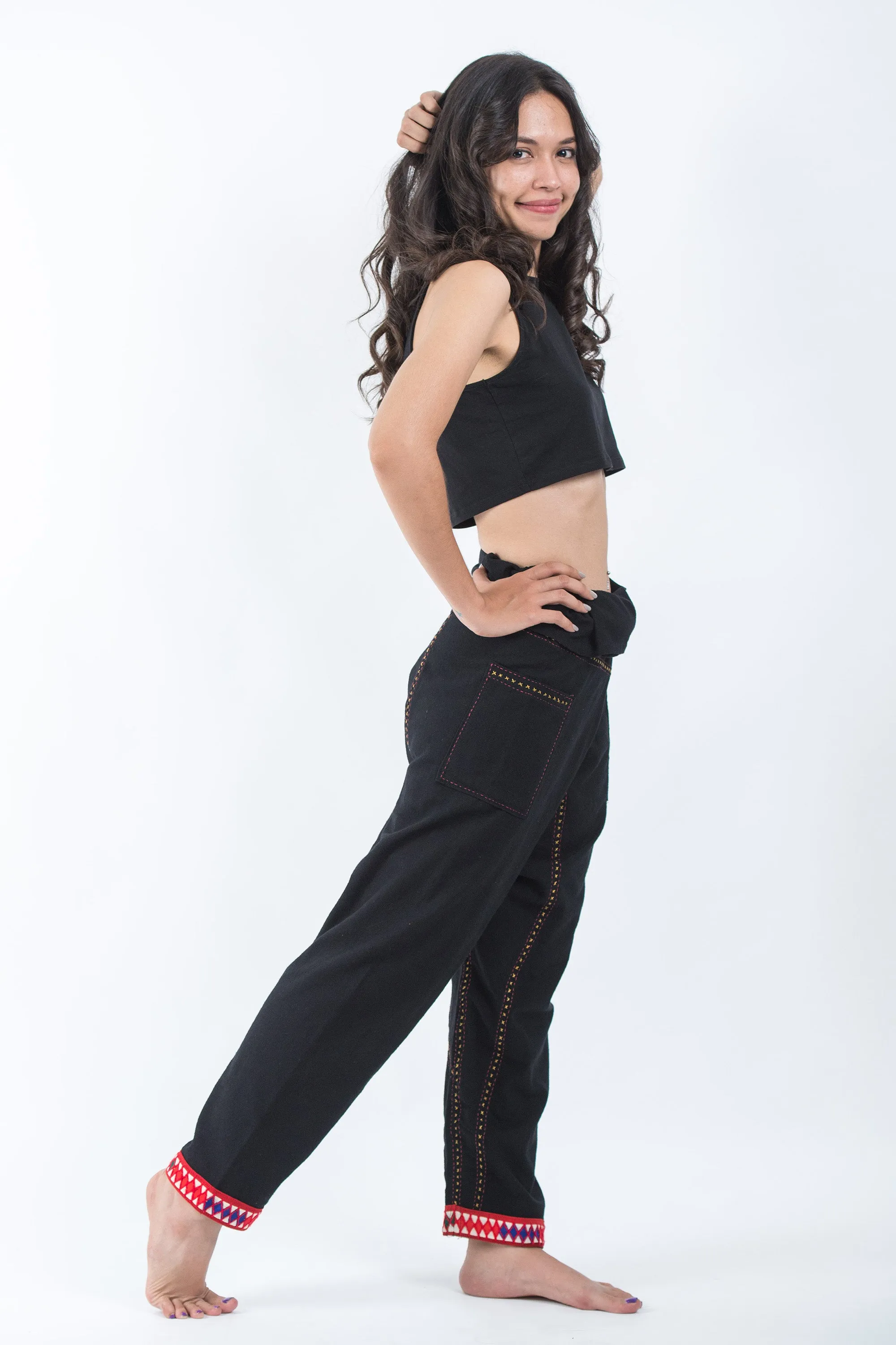 Hand Embroidered Women's Slim Cut Fisherman Pants in Black