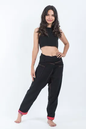 Hand Embroidered Women's Slim Cut Fisherman Pants in Black