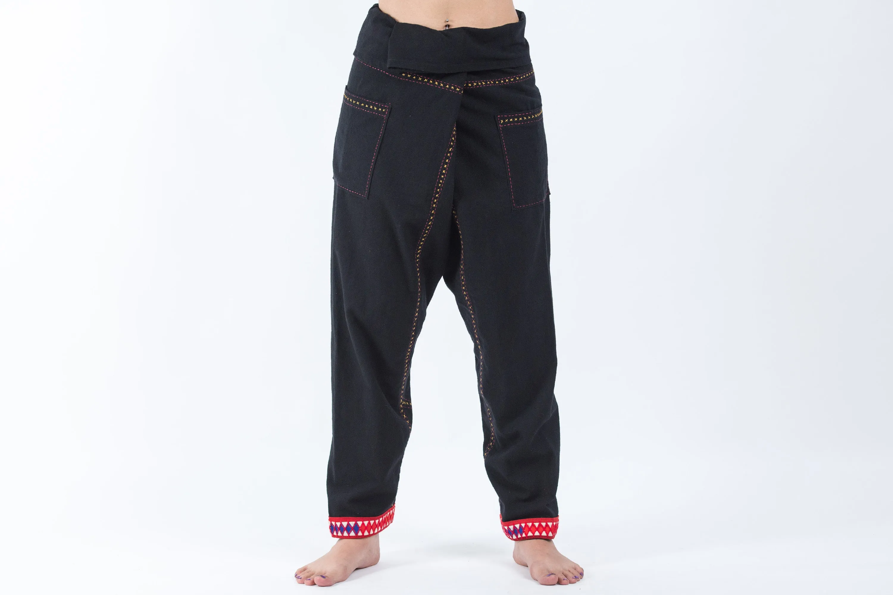 Hand Embroidered Women's Slim Cut Fisherman Pants in Black