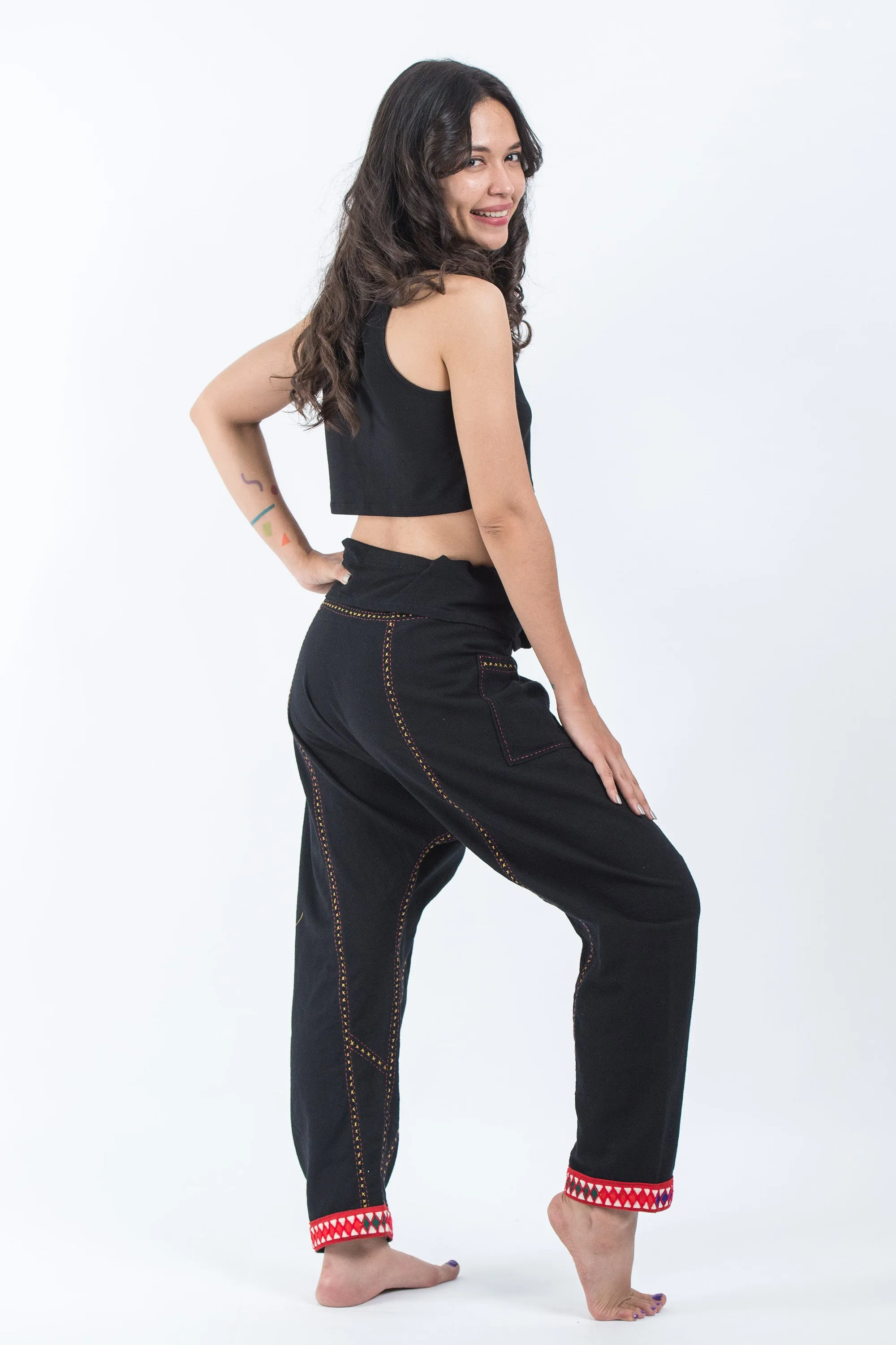 Hand Embroidered Women's Slim Cut Fisherman Pants in Black