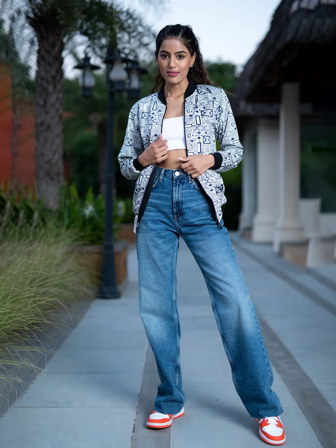 Light Grey Geometric Printed Velvet Jacket