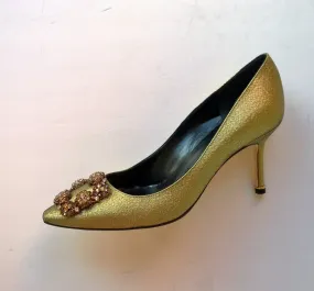 Manolo Blahnik Hangisi 70 Gold Heels with rhinestone buckle