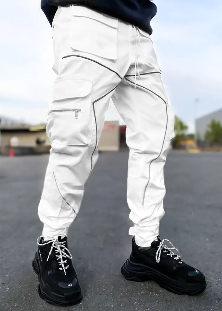 Men' s Fashion Reflective Strips Slim Fit Gym Workout Jogger Cargo Pants Ankle Banded | W302