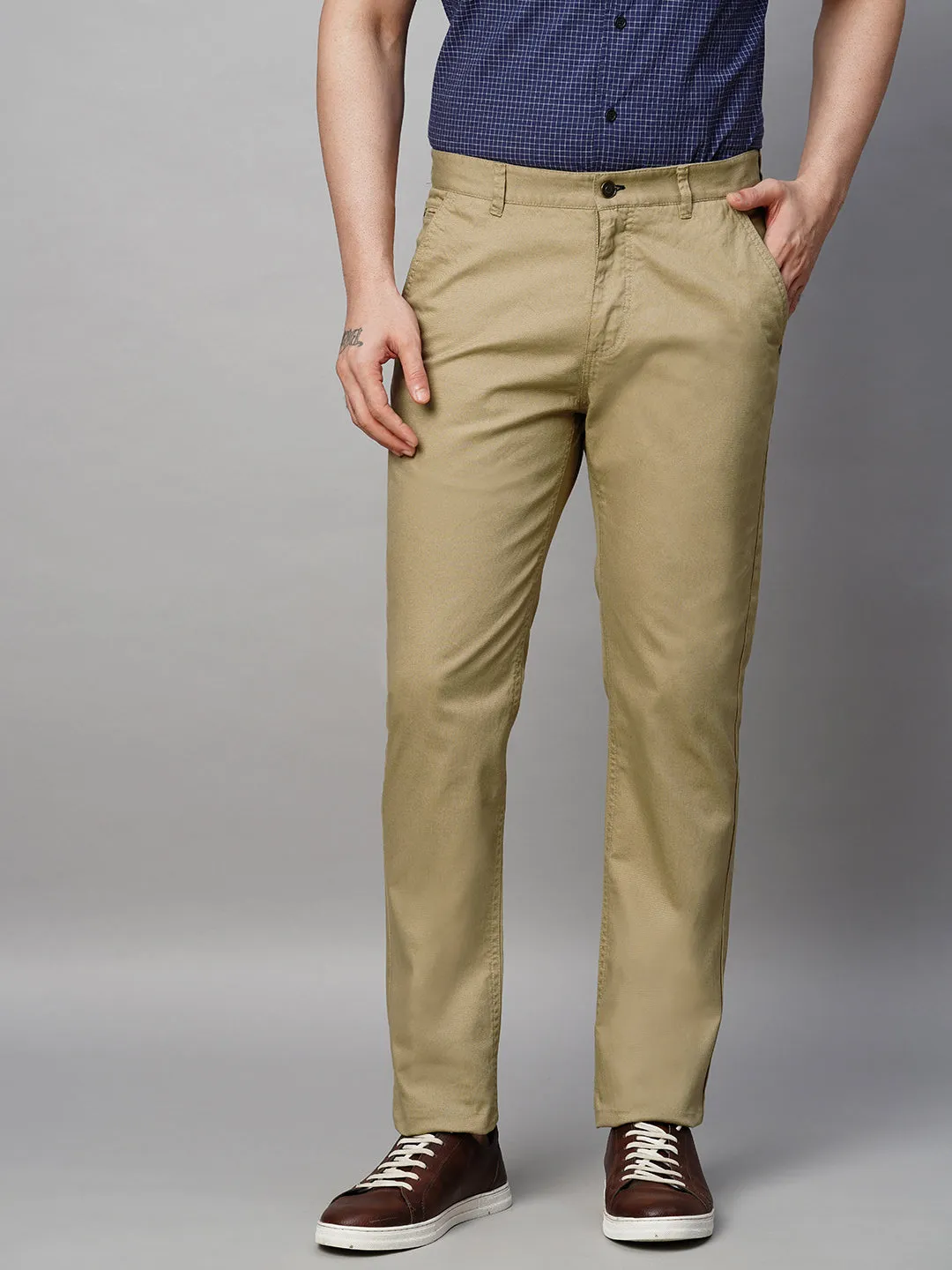 Men's Khaki Cotton Lycra Slim Fit Pant